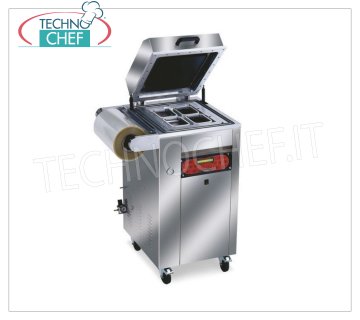 EUROMATIC - Technochef, Termosigillatrici semiautomatiche vuoto/gas per vaschette, Mod.TRAY 800 Termosigillatrice sottovuoto/gas, per VASCHETTE PREFORMATE, AUTOMATICA su MOBILE CARRELLATO, comandi digitali, per CONTENITORI MISURE MAX di mm 265x325, V 230/1, Kw 1,8, Peso 180 Kg, dimensioni esterne mm 610x600x1100h