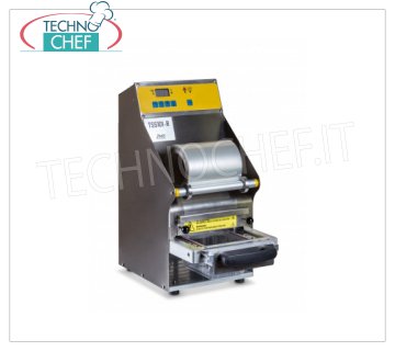 TECHNOCHEF - Termosigillatrice semiautomatica per vaschette, Mod.TSS101-R TERMOSIGILLATRICE SEMIAUTOMATICA da banco SENZA STAMPO, per VASCHETTE PREFORMATE con MISURA MAX di mm 205x150x100h, V.230/1, kw 0,55, dimensioni mm 240x390x500h