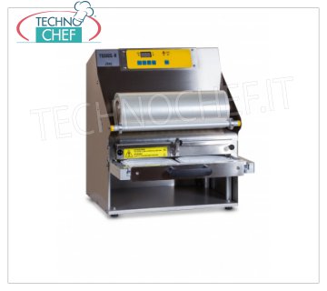 TECHNOCHEF - Termosigillatrice semiautomatica per vaschette, Mod.TSS105-R TERMOSIGILLATRICE SEMIAUTOMATICA da banco SENZA STAMPO, per VASCHETTE PREFORMATE con MISURA MAX di mm 370x280x155h, V.230/1, kw 1,5, dimensioni mm 460x510x555h