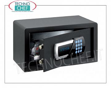 Casseforti per camere hotel Cassaforte per mobile, con serratura elettrica digitale motorizzata, segnalazione di tutte le funzioni mediante display a LED colore blu, capacità 10 litri, peso 9 Kg, dim.mm.200x350x200h