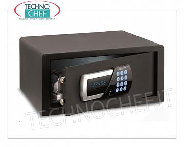 Casseforti per camere hotel Cassaforte per mobile, con serratura elettrica digitale motorizzata, segnalazione di tutte le funzioni mediante display a LED colore blu, capacità 27 litri, peso 14,5 Kg, dim.mm.200x405x410h