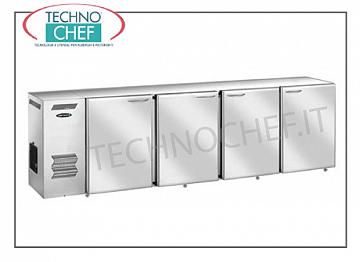 Banco frigo bar 4 porte, Ventilato, Temp. +2°+8° - in Acciaio Inox. Lungo cm 274 Banco Frigo per bar, 4 porte cieche in acciaio inox, ventilato, temp.+2°+8°, V 230/1, kW 4,23, dim. mm 2740x540x850h.