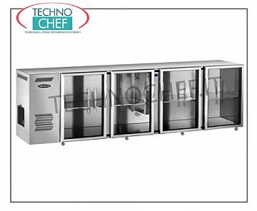 Banco frigo bar 4 porte vetri, Ventilato, Temp. +2°+8°,  in Acciaio Inox, Lungo cm 240