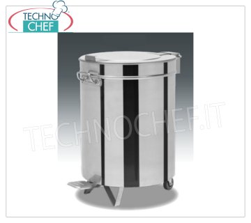 Pattumiera in acciaio inox su ruote, capacità lt.100 Pattumiera tonda in acciaio inox su ruote, coperchio con apertura a pedale, da litri 100, peso 8,5 Kg, dim.mm.460x610x690h